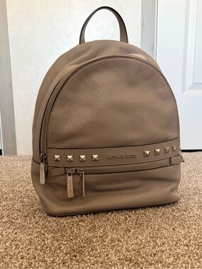 Michael Kors Abbey Studded Pebbled Leather Backpack Light Gray Silver Hardware
